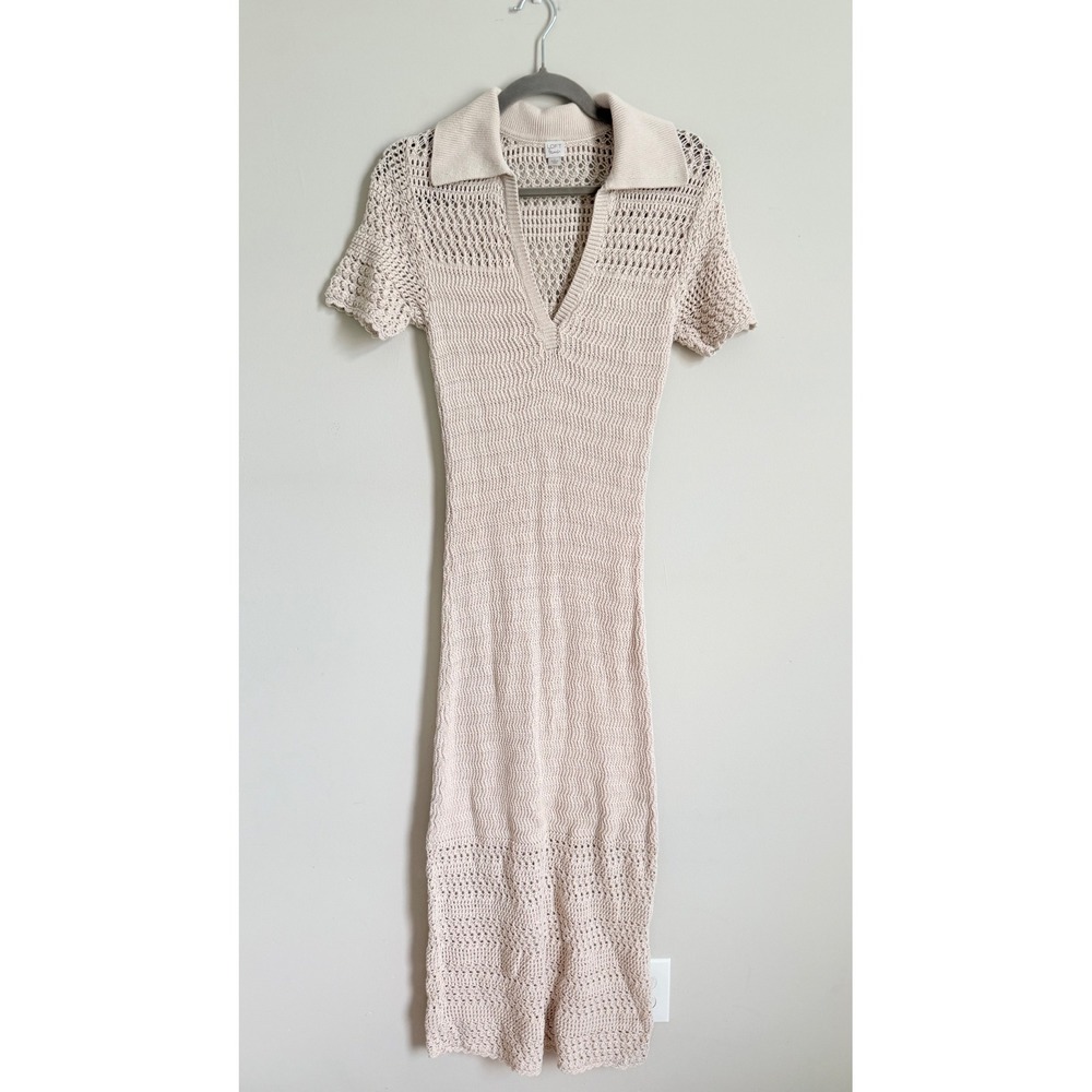 Loft Beach Crochet Maxi Dress Cream Cotton Knit Polo Collar Short Sleeve Small - Picture 2 of 5